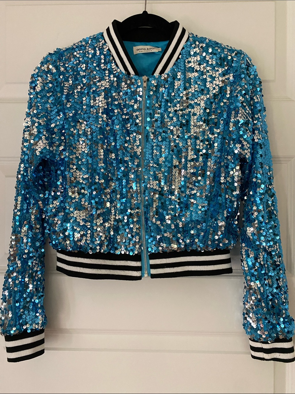 Anna-Kaci Blue Sequin Varsity Bomber Jacket Crop